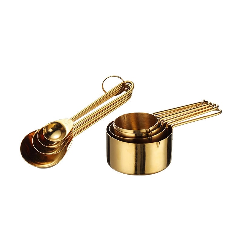 8-Piece Rose Gold Stainless Steel Measuring Cups and Spoons Set with Wire Handles and Scale | Kitchen Measuring Tools
