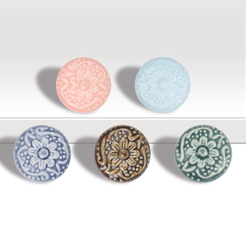 Ceramic Flower Cabinet Handle with Wooden Base | Cabinet Hardware