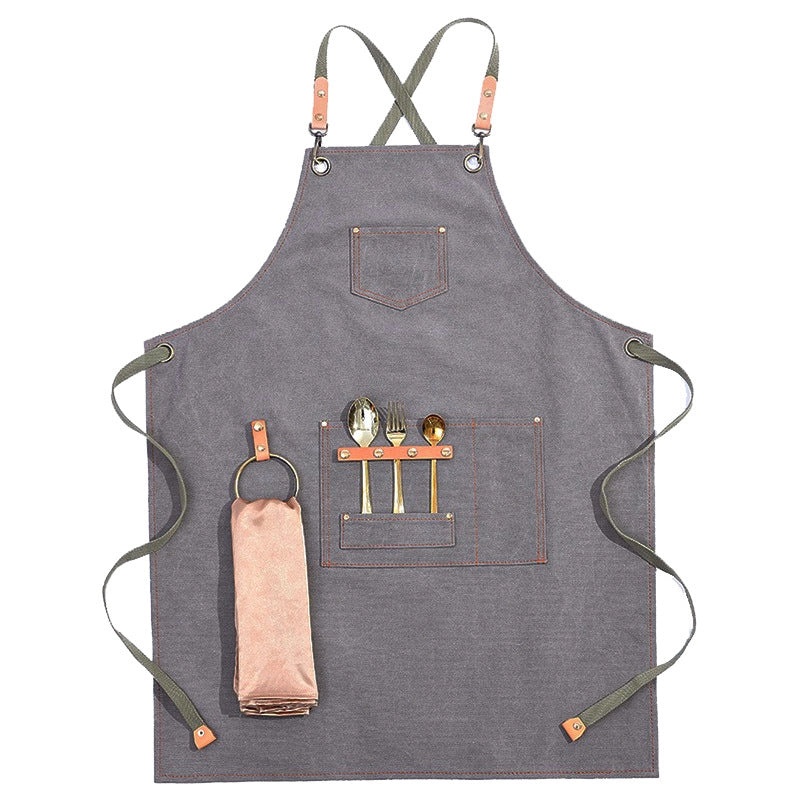 Custom Logo Brown Canvas Apron Thickened Overalls for Milk Tea Shop Barber Catering Baking | Kitchen & Dining Apparel