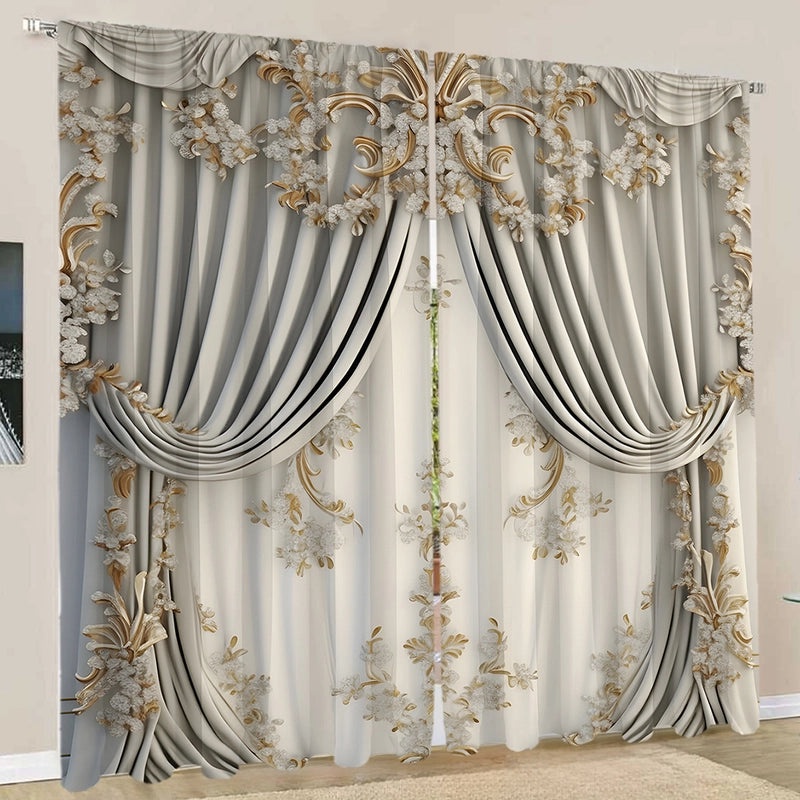 2PCS Floral Pattern 3D Digital Print Curtains | Home Decor Curtains