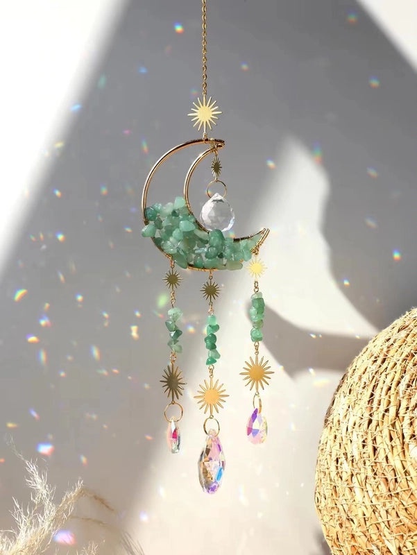 Elegant Amethyst Crystal Moon Pendant Wind Chime Decorative Water Droplets | Home Decor Accessories