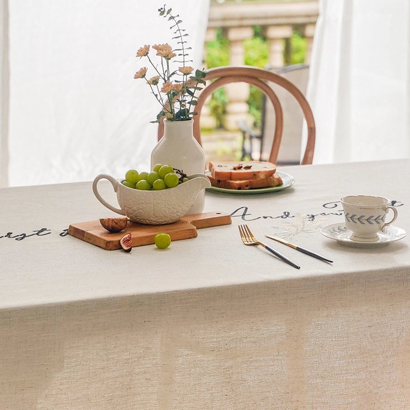 Embroidered Letter Tassel Long Striped Fabric Tablecloth for Dining and Coffee Tables|Home Decor/Table Linens