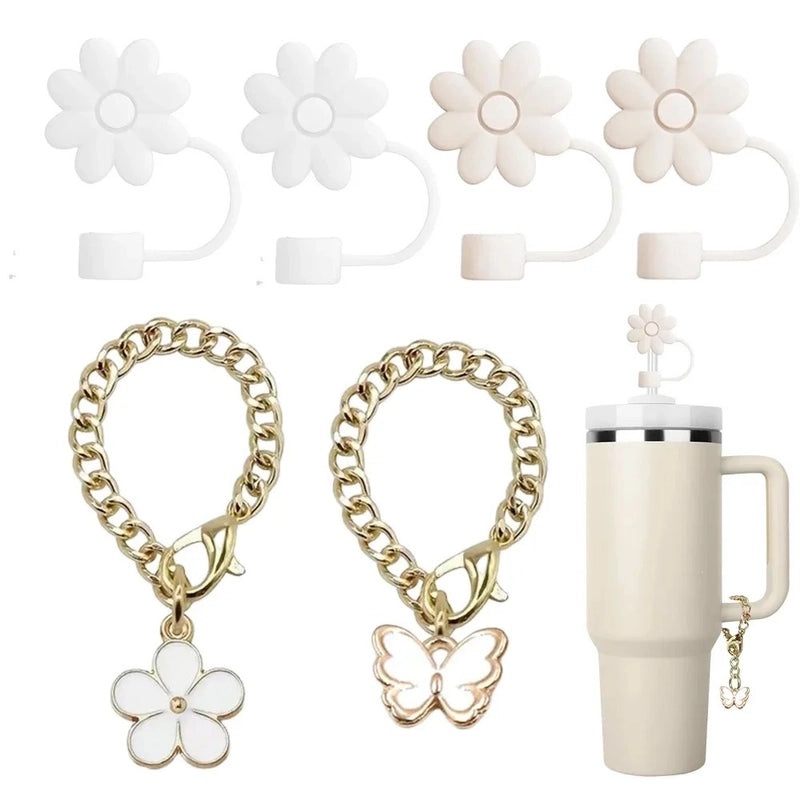 Pastoral Style Floral Metal Straw with Silica Gel Sleeve Decorative Cap Set | Kitchen & Dining Accessories