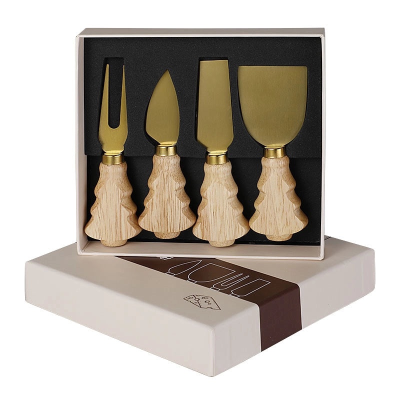 4-Piece Stainless Steel Cheese Knife Set with Rubber Wood Handles Christmas Tree Design|Kitchen & Dining Cutlery Sets