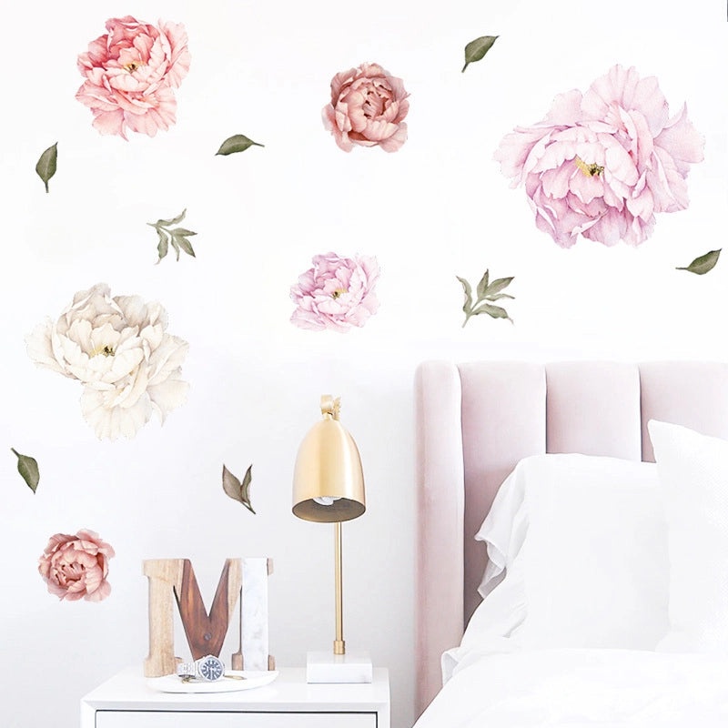 Pink Peony Flower Branch Wall Decal for Bedroom | Home Decor Wall Stickers