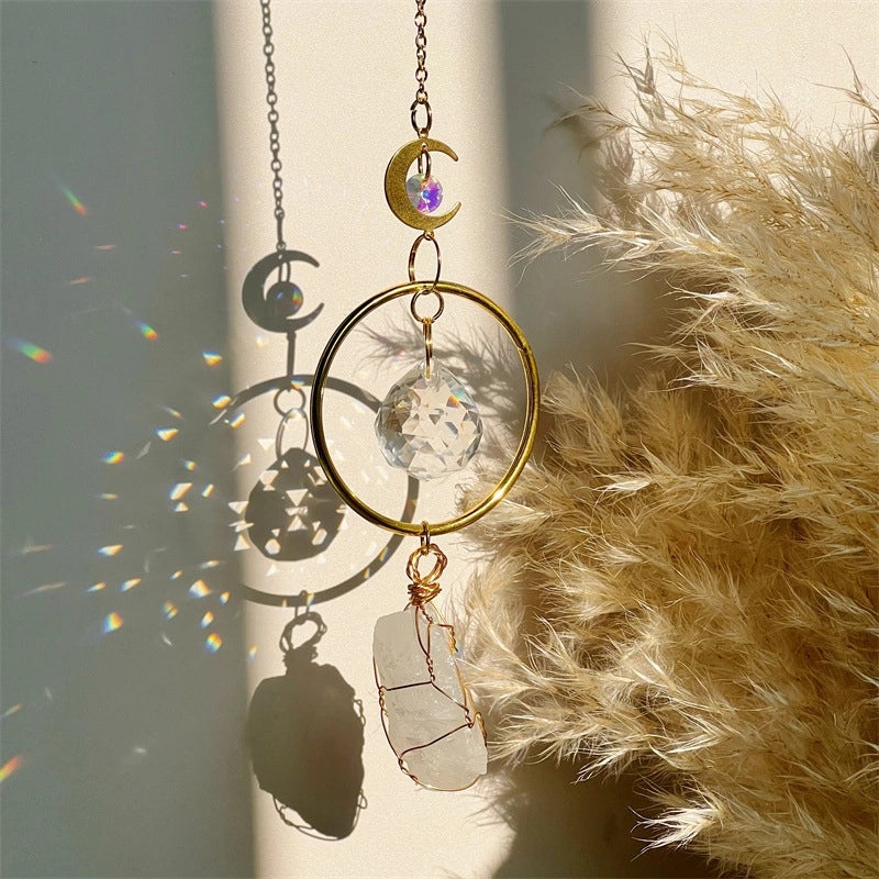 Minimalist Geometric Moon Crystal Suncatcher Wind Chime | Home Decor