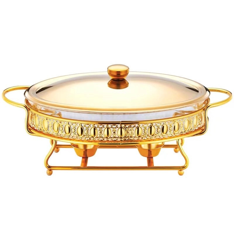 耐热玻璃炉圆形酒精加热金色自助餐锅带盖恒温保温锅|厨房用品