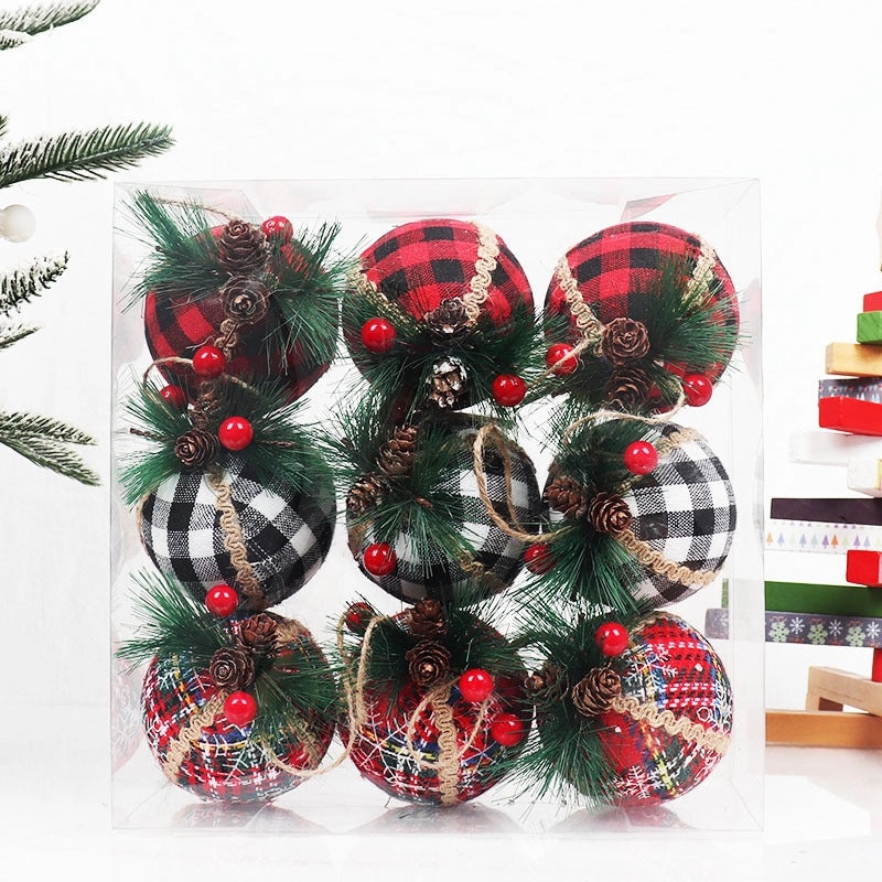 Christmas Plaid Cloth Balls 6cm & 8cm Black White Red Tree Hanging Decorative Ornaments|Christmas Decorations