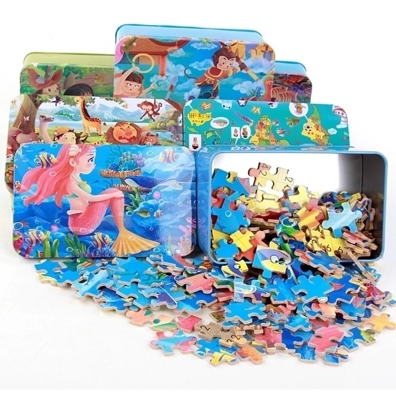 Cartoon Wooden 200-Piece Puzzle Set in Iron Box | Toys & Games