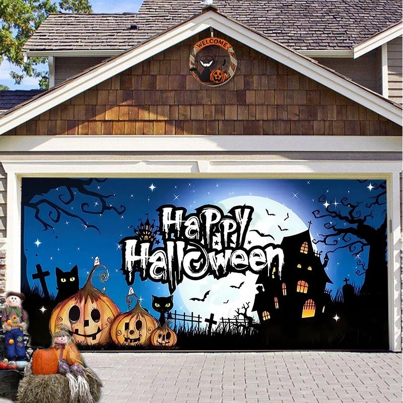 Halloween Pumpkin Hanging Banner Cloth Horror Garage Door Tapestry Decoration|Home Decor