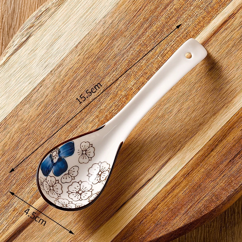 Unisex Ceramic Soup Spoon Kitchen Dining Utensil Blue White Cartoon Pattern