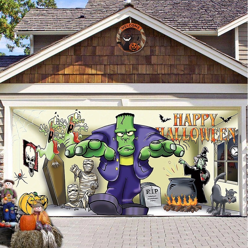 Halloween Pumpkin Hanging Banner Cloth Horror Garage Door Tapestry Decoration|Home Decor