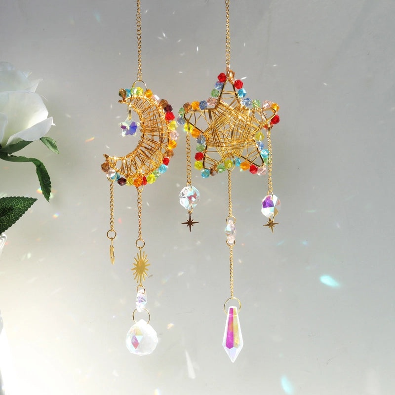 Elegant Star and Moon Crystal Suncatcher Wind Chime | Home Decor & Wall Art