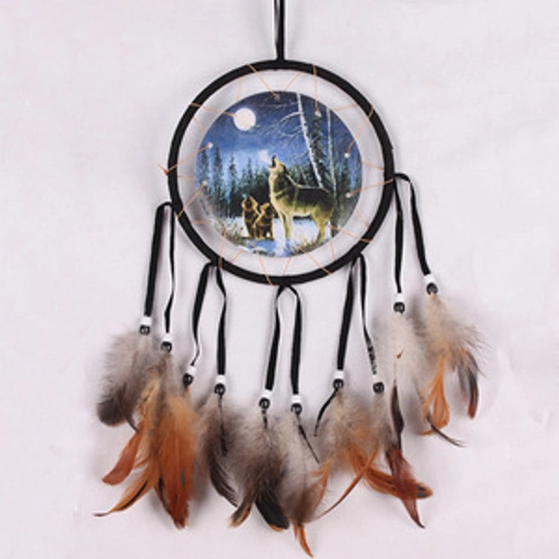 Wolf Head Dreamcatcher Oil Painting Wall Hanging with Natural Feathers | Home Decor & Wall Art