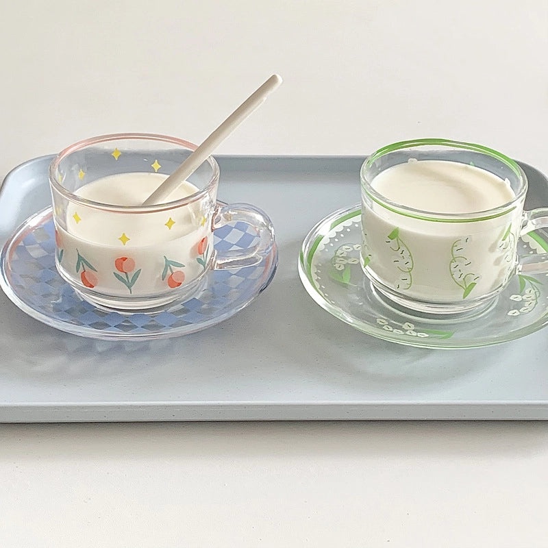 Summer New Arrival| Korean Style Coffee Cup & Saucer Set | French Afternoon Tea Premium Scented Glassware|Home & Kitchen