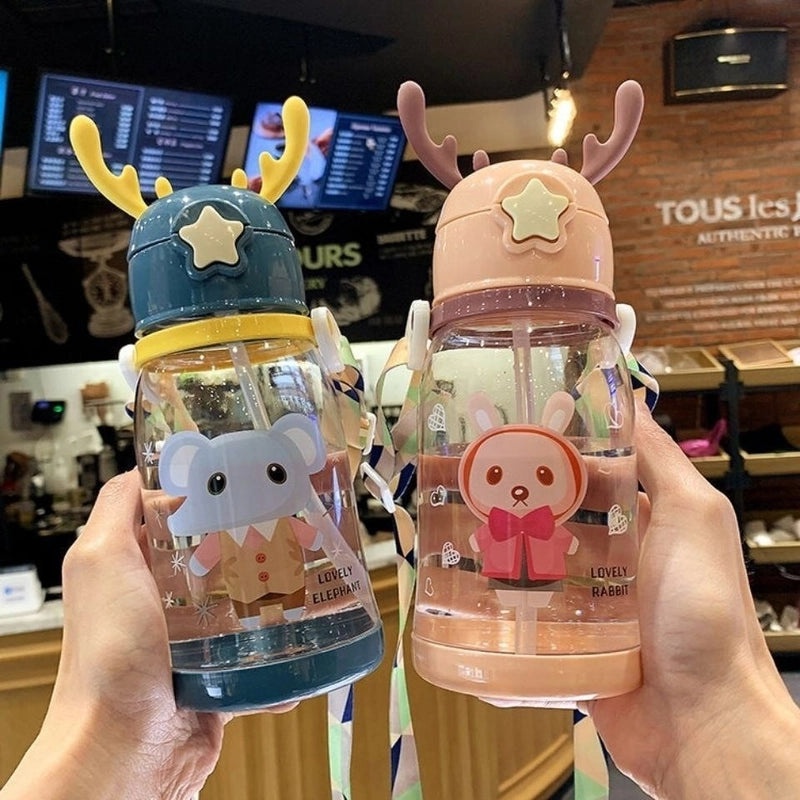 Kids Drop-Resistant Water Bottle with Straw Cute Antler Design for Kindergarten & Primary School Students|Children's Drinkware