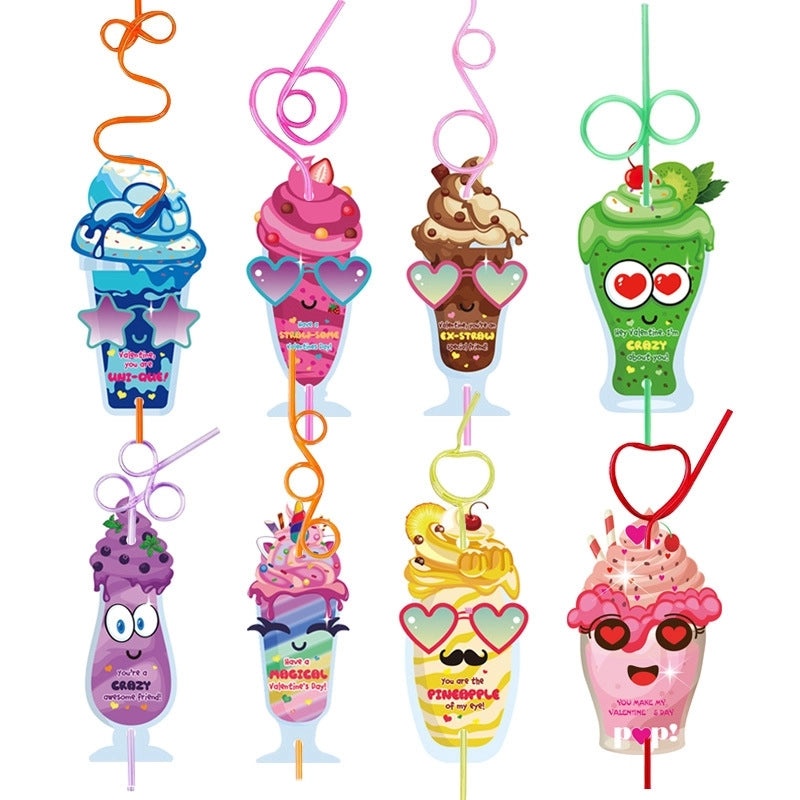 32 Pieces Valentine's Day Kids Straw Set Reusable Crazy Straws with Greeting Cards|Kids Party Supplies