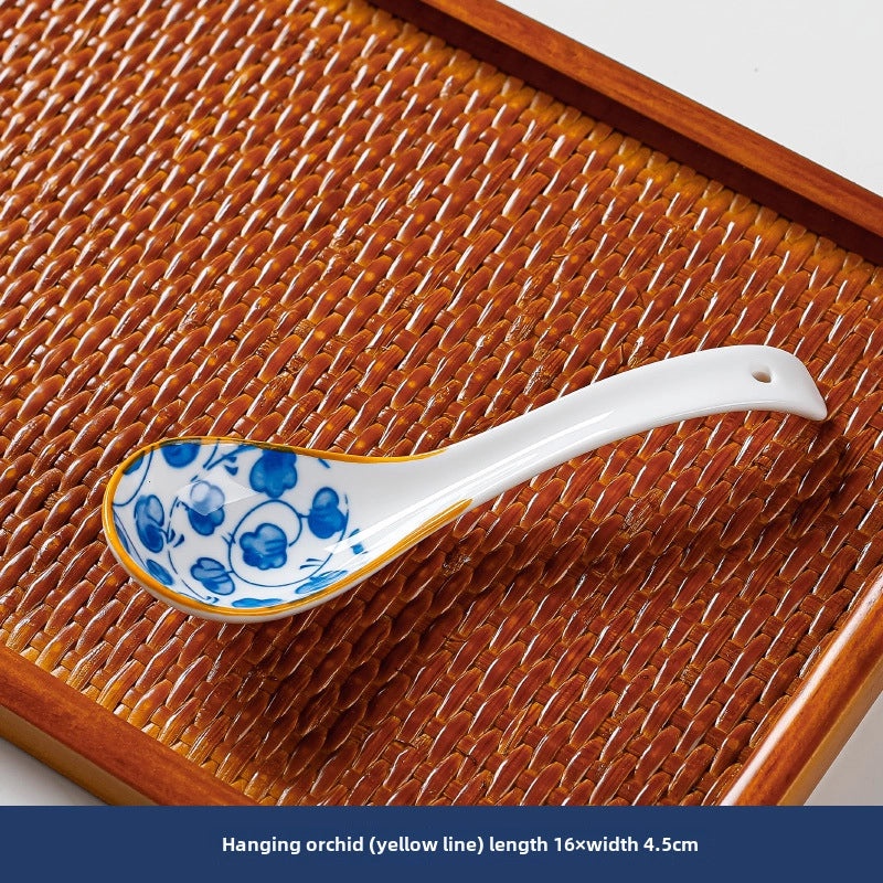 Japanese Style Blue and White Ceramic Soup Spoon Thickened Curved Handle Anti-scalding Small Spoon|Kitchen & Dining
