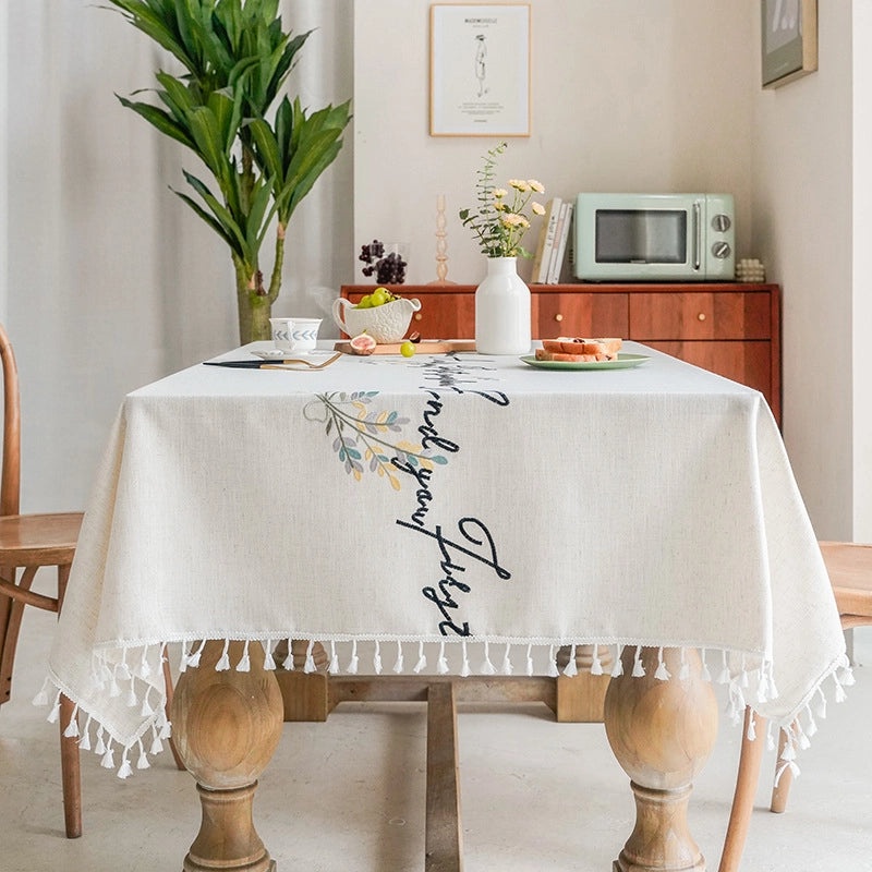 Embroidered Letter Tassel Long Striped Fabric Tablecloth for Dining and Coffee Tables|Home Decor/Table Linens