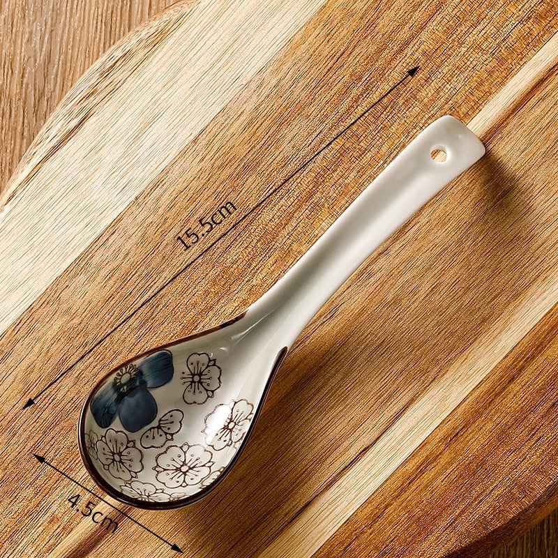 Unisex Ceramic Soup Spoon Kitchen Dining Utensil Blue White Cartoon Pattern