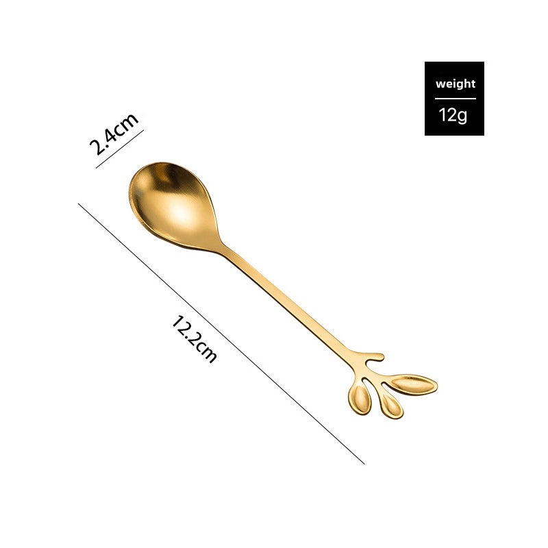 Gold-plated Stainless Steel Leaf Design Spoon and Fork Set for Coffee, Dessert, Fruit, Honey, and Ice Cream|Kitchen & Dining Utensils