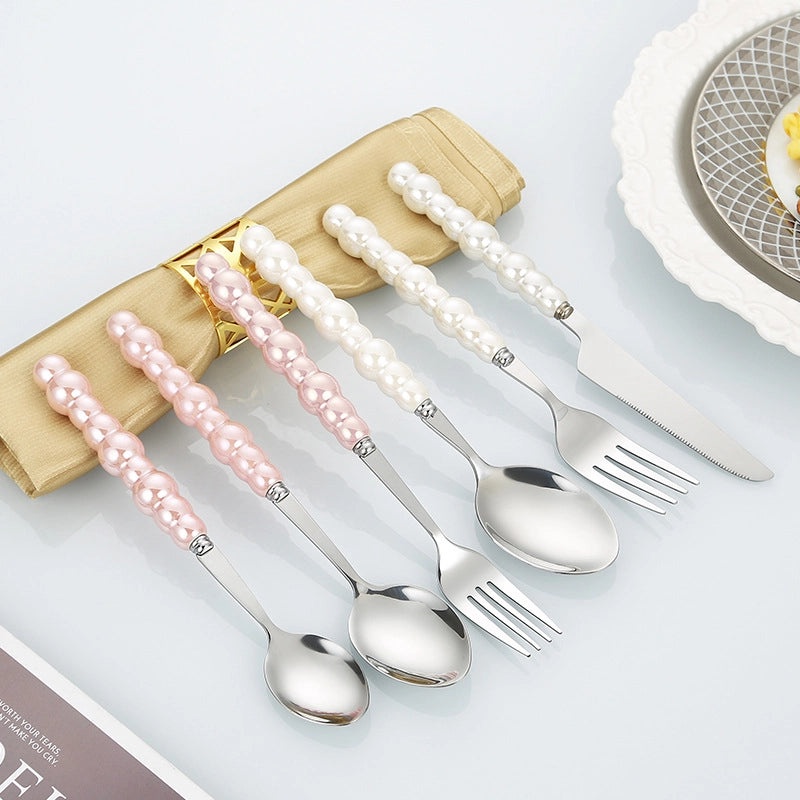 Ceramic Pearl Handle Stainless Steel Cutlery Set, Luxury Western Hotel Tableware, Steak Knife, Fork & Dessert Spoon | Kitchen & Dining