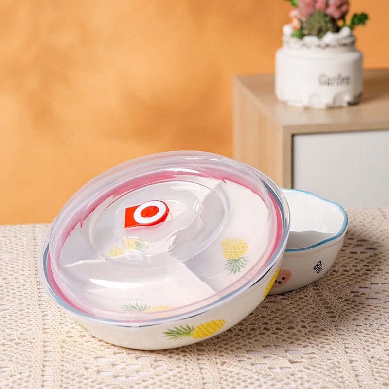 Ceramic Three-Compartment Bowl with Lid Microwave Safe Heat-Resistant Lunch Box Snack Plate|Kitchen & Dining