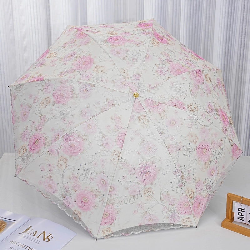 Goddess Princess Double Layer Lace Foldable Umbrella for Women | Sun & Rain Protection | Black Sunshade Umbrellas | Women's Accessories