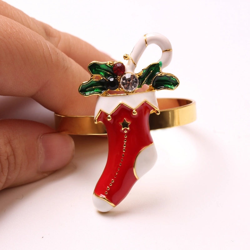 Festive Christmas Tree and Santa Claus Alloy Napkin Rings Set of 6 | Holiday Table Decor