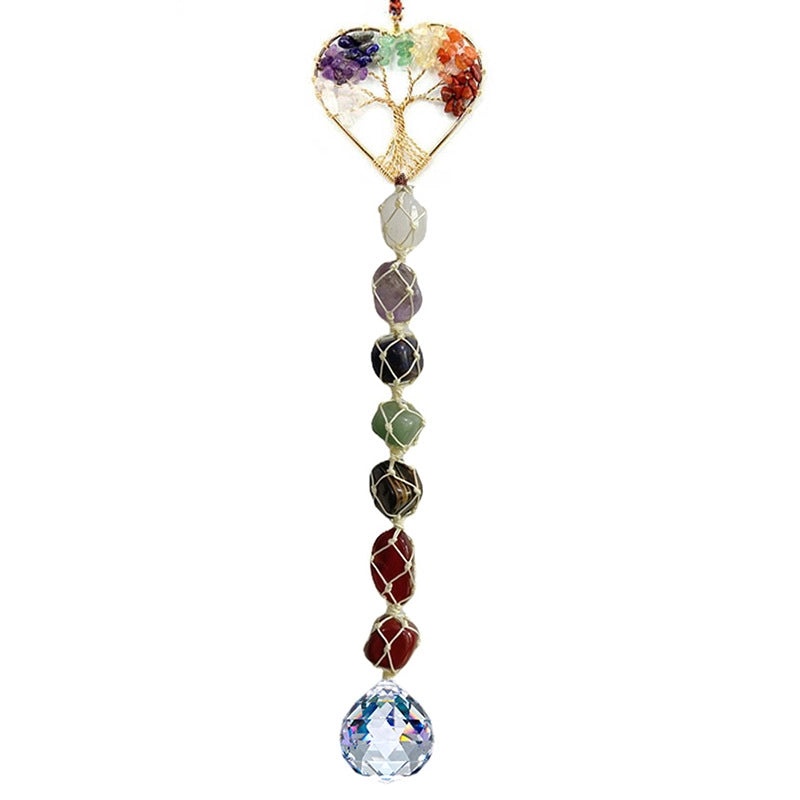 Natural Stone Lucky Tree Car Pendant Crystal Wind Chime Handmade Colorful Gravel Woven Hanging Decor|Car Accessories