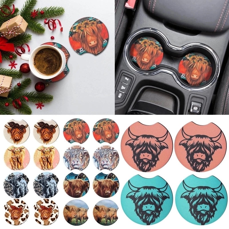 Farm Style Wooden Car Coaster with Highland Animal Design Anti-slip | Home Decor Coasters