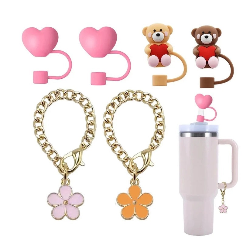 Pastoral Style Floral Metal Straw with Silica Gel Sleeve Decorative Cap Set | Kitchen & Dining Accessories