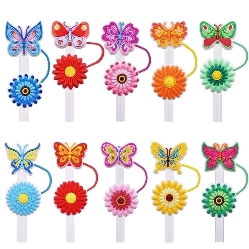 100 Pieces Minimalist Flower and Butterfly PVC Straw Caps Decor Set | Drinkware Accessories