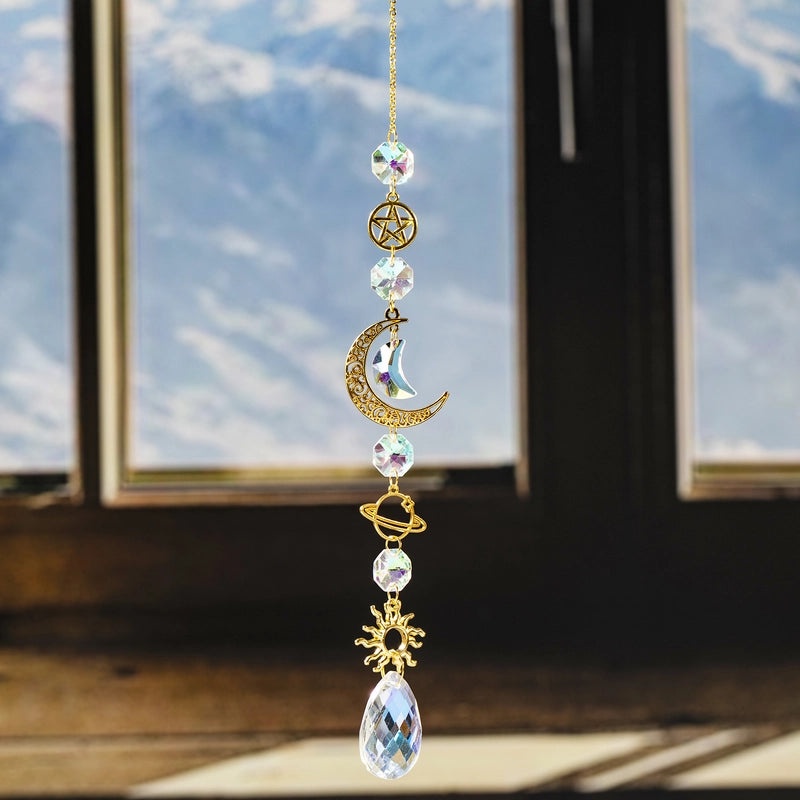 Minimalist Star and Moon Crystal Metal Suncatcher Wind Chime for Home Décor | Home Decor & Accessories