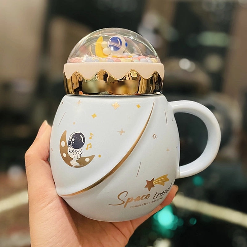 2-Piece Astronaut Space Ceramic Mug Set with Lid and Spoon | Gifts for Couples and Space Lovers | Drinkware Gifts