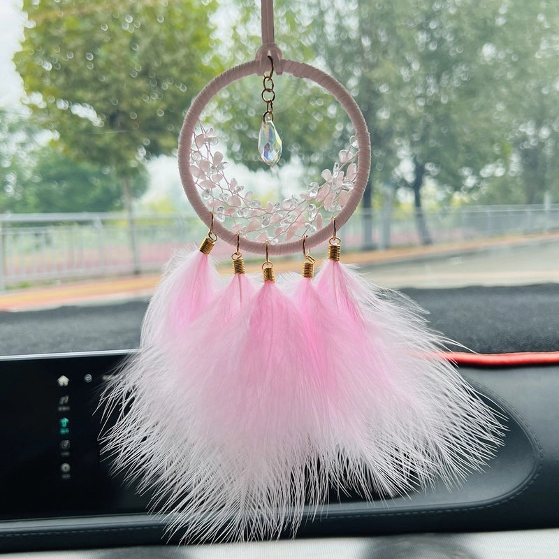 Car Rearview Mirror Hanging Dreamcatcher with Feather and Crystal Stones | Car Interior Ornaments