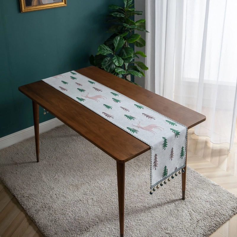 Yi Qiyun Christmas Jacquard Table Runner with Pine Deer Design Perfect for Dining, Tea Table, Bed, and TV Cabinet|Home Decor