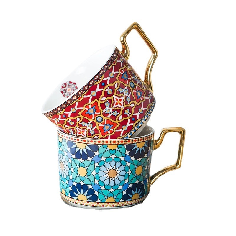 Retro Geometric Devil's Eye White Porcelain Mug with Placemat Set | Kitchen & Dining Accessories