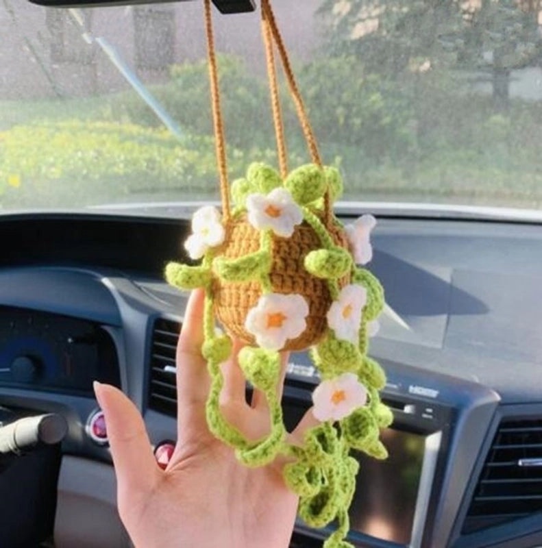 3 Pieces Hand-Crocheted Chlorophytum Yarn Potted Ornaments for Car Rearview Mirror | Car Accessories