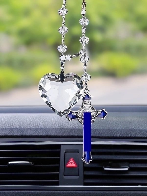 Clear Heart Crystal Cross Car Charm with Blue Enamel | Car Interior Accessories