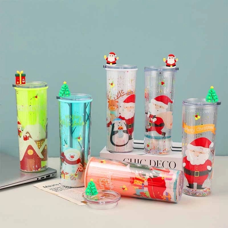 Christmas Cute Christmas Tree Santa Claus Elk Plastic Tumbler Water Bottle 1 Piece|Kitchen & Dining Accessories