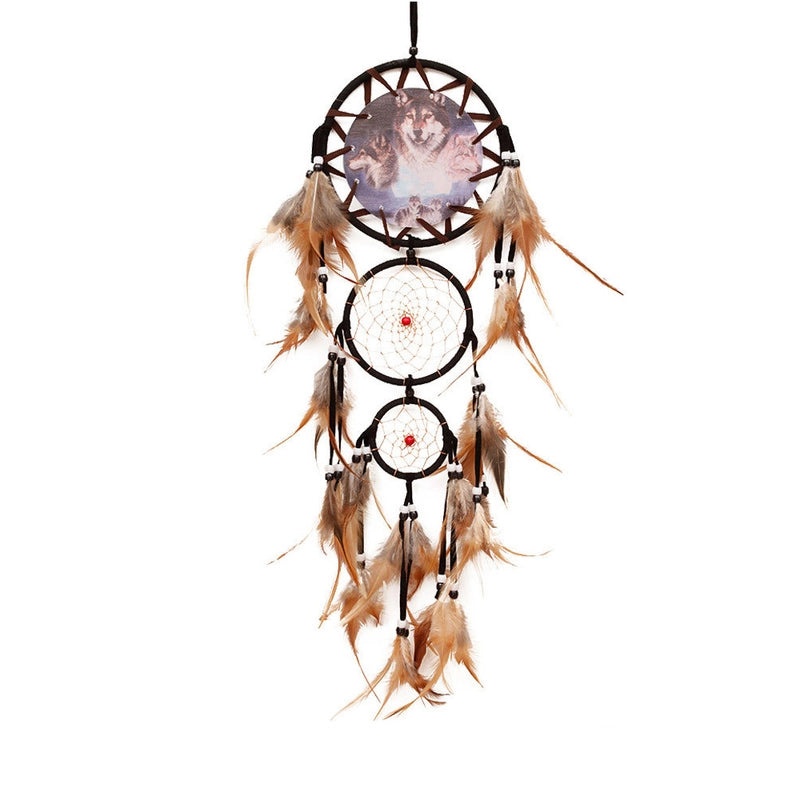 Wolf Head Dreamcatcher Oil Painting Wall Hanging with Natural Feathers | Home Decor & Wall Art