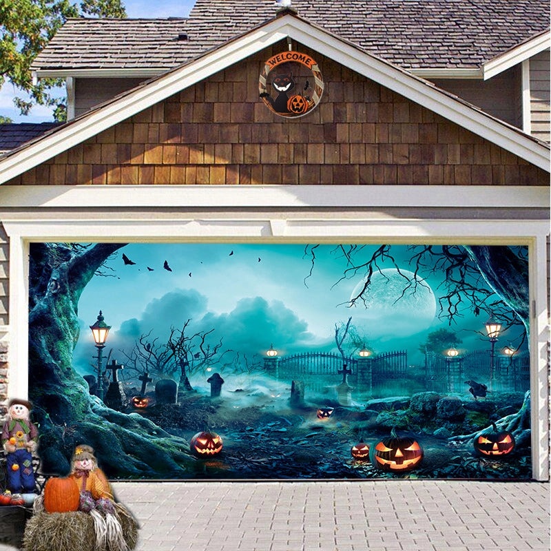 Halloween Pumpkin Hanging Banner Cloth Horror Garage Door Tapestry Decoration|Home Decor