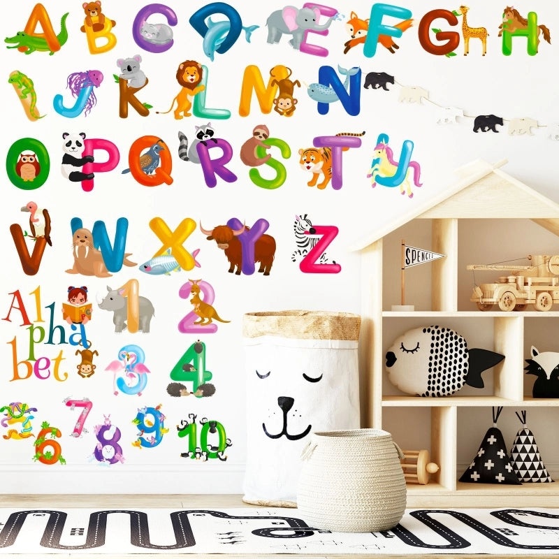 Kindergarten Alphabet Wall Stickers Kids Room Decor Early Learning Cartoon Animal Decals 2835-002|Kids Room Decor