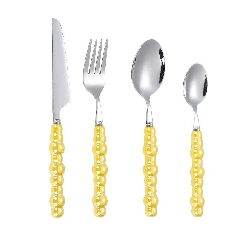 Ceramic Pearl Handle Stainless Steel Cutlery Set, Luxury Western Hotel Tableware, Steak Knife, Fork & Dessert Spoon | Kitchen & Dining