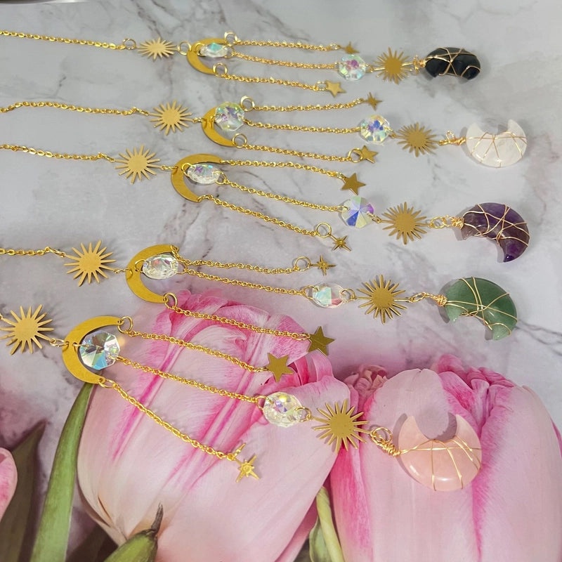 Minimalist Sun and Moon K9 Crystal Brass Suncatcher Wind Chime Decorative Wall Art|Home Decor