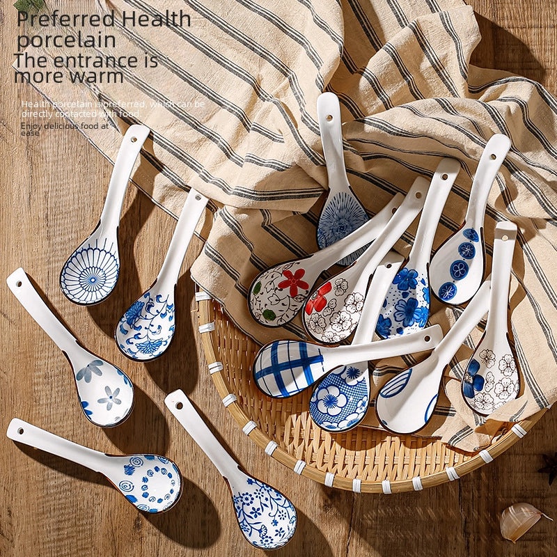Unisex Ceramic Soup Spoon Kitchen Dining Utensil Blue White Cartoon Pattern