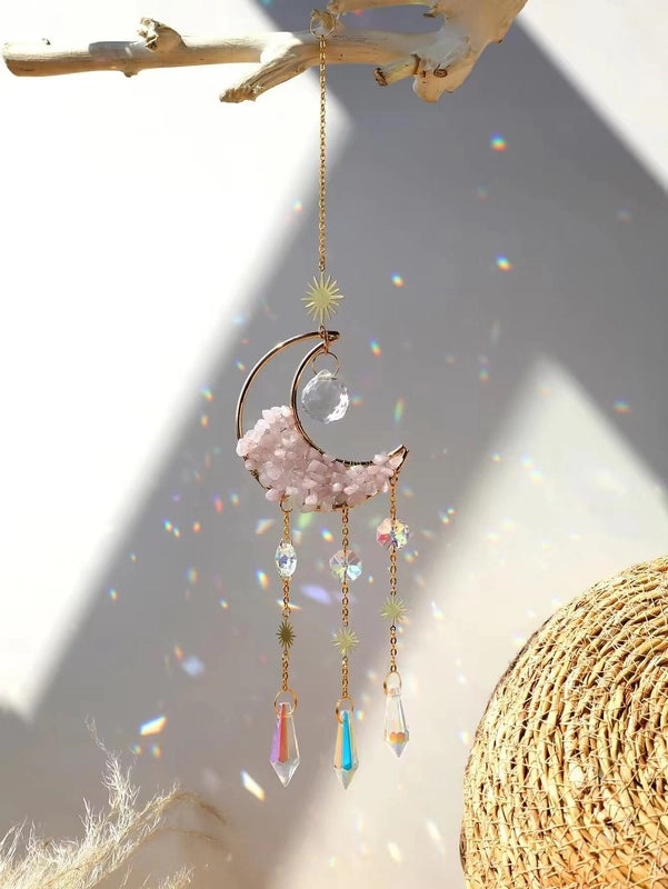 Elegant Amethyst Crystal Moon Pendant Wind Chime Decorative Water Droplets | Home Decor Accessories