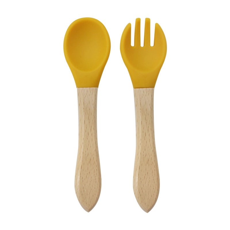 Wood and Silicone Spoon Fork Set, 2 Pieces Casual Solid Color | Kitchen Utensils & Cutlery