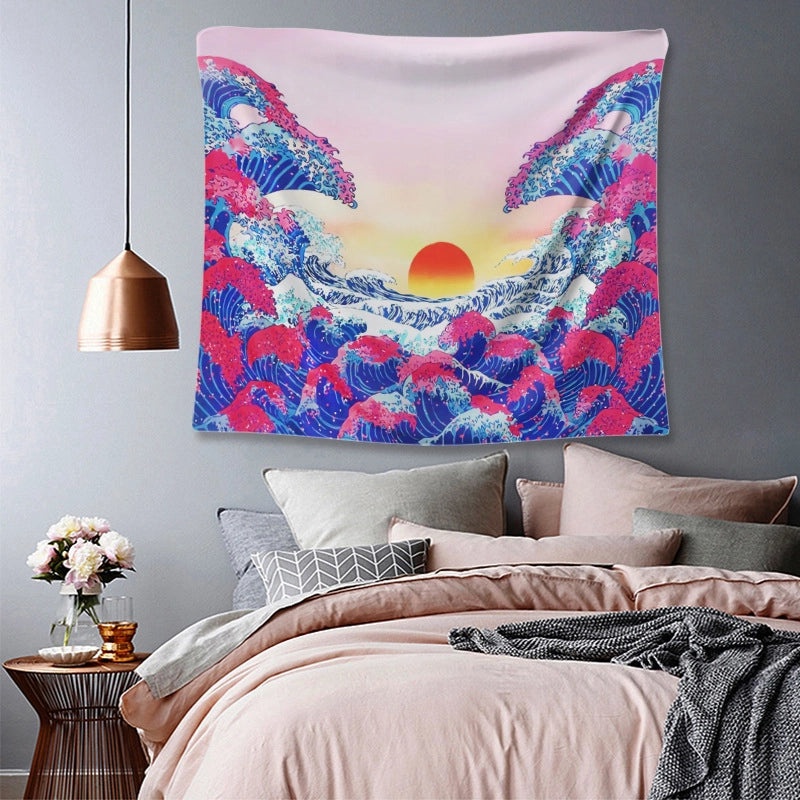 Kanagawa Surf Wave Tapestry with Ukiyo-e Style Background | Home Decor Wall Art